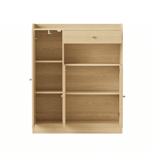 Armário de vime 90x35x110 cm - 1 gaveta, 3 portas com prateleiras ajustáveis, armário de arrumação para a entrada, sala de jantar e corredor - cor de madeira natural Armário de vime 90x35x110 cm - 1 gaveta, 3 portas com prateleiras ajustáveis, armário de arrumação para a entrada, sala de jantar e corredor - cor de madeira natural