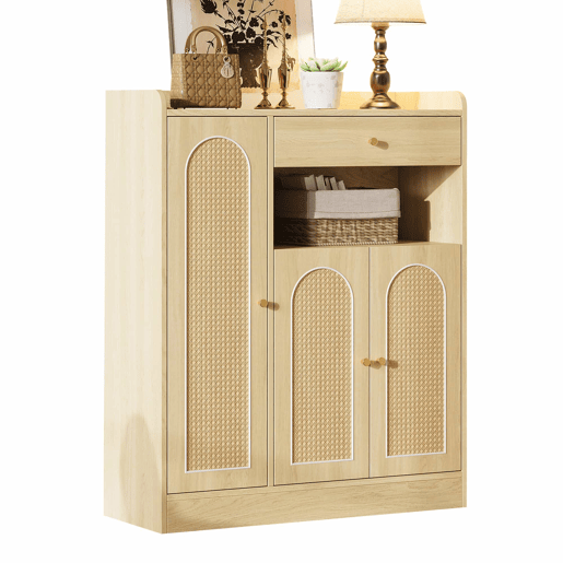 Armário de vime 90x35x110 cm - 1 gaveta, 3 portas com prateleiras ajustáveis, armário de arrumação para a entrada, sala de jantar e corredor - cor de madeira natural Armário de vime 90x35x110 cm - 1 gaveta, 3 portas com prateleiras ajustáveis, armário de arrumação para a entrada, sala de jantar e corredor - cor de madeira natural