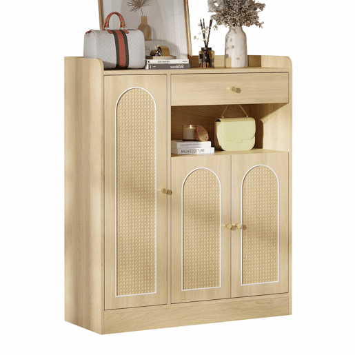 Armário de vime 90x35x110 cm - 1 gaveta, 3 portas com prateleiras ajustáveis, armário de arrumação para a entrada, sala de jantar e corredor - cor de madeira natural Armário de vime 90x35x110 cm - 1 gaveta, 3 portas com prateleiras ajustáveis, armário de arrumação para a entrada, sala de jantar e corredor - cor de madeira natural