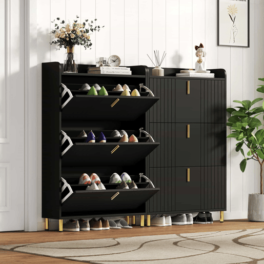 Sapateira 80x23,5x123,5 cm - 6 compartimentos, portas rebatíveis, anticaída - preto Sapateira 80x23,5x123,5 cm - 6 compartimentos, portas rebatíveis, anticaída - preto