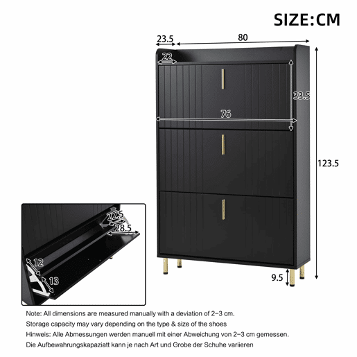 Sapateira 80x23,5x123,5 cm - 6 compartimentos, portas rebatíveis, anticaída - preto Sapateira 80x23,5x123,5 cm - 6 compartimentos, portas rebatíveis, anticaída - preto