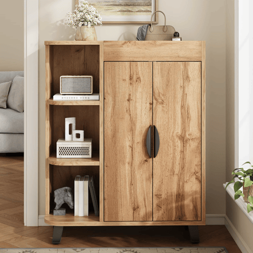 Armário estreito de duas portas - prateleiras abertas, armário multifuncional para a entrada, acabamento com efeito de madeira, com prateleira superior - Natural Armário estreito de duas portas - prateleiras abertas, armário multifuncional para a entrada, acabamento com efeito de madeira, com prateleira superior - Natural