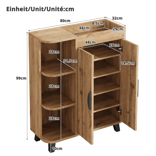 Armário estreito de duas portas - prateleiras abertas, armário multifuncional para a entrada, acabamento com efeito de madeira, com prateleira superior - Natural Armário estreito de duas portas - prateleiras abertas, armário multifuncional para a entrada, acabamento com efeito de madeira, com prateleira superior - Natural