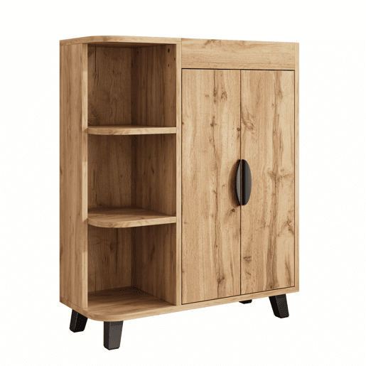 Armário estreito de duas portas - prateleiras abertas, armário multifuncional para a entrada, acabamento com efeito de madeira, com prateleira superior - Natural Armário estreito de duas portas - prateleiras abertas, armário multifuncional para a entrada, acabamento com efeito de madeira, com prateleira superior - Natural