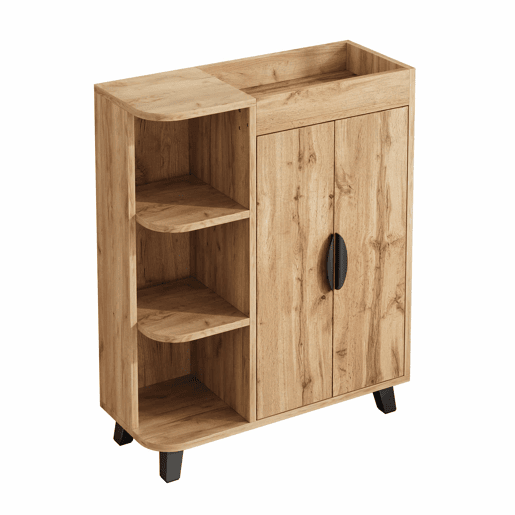 Armário estreito de duas portas - prateleiras abertas, armário multifuncional para a entrada, acabamento com efeito de madeira, com prateleira superior - Natural Armário estreito de duas portas - prateleiras abertas, armário multifuncional para a entrada, acabamento com efeito de madeira, com prateleira superior - Natural