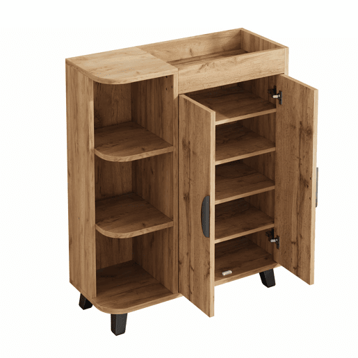 Armário estreito de duas portas - prateleiras abertas, armário multifuncional para a entrada, acabamento com efeito de madeira, com prateleira superior - Natural Armário estreito de duas portas - prateleiras abertas, armário multifuncional para a entrada, acabamento com efeito de madeira, com prateleira superior - Natural