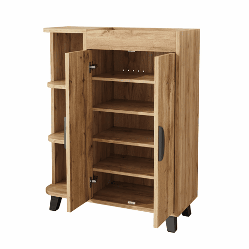 Armário estreito de duas portas - prateleiras abertas, armário multifuncional para a entrada, acabamento com efeito de madeira, com prateleira superior - Natural Armário estreito de duas portas - prateleiras abertas, armário multifuncional para a entrada, acabamento com efeito de madeira, com prateleira superior - Natural