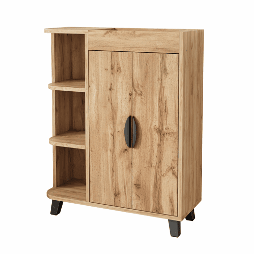 Armário estreito de duas portas - prateleiras abertas, armário multifuncional para a entrada, acabamento com efeito de madeira, com prateleira superior - Natural Armário estreito de duas portas - prateleiras abertas, armário multifuncional para a entrada, acabamento com efeito de madeira, com prateleira superior - Natural