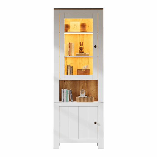Vitrine alta 70 x 40 x 188 cm - com 2 portas, 6 prateleiras ajustáveis, vitrine de vidro com iluminação LED, estilo moderno - branco e cor de madeira natural Vitrine alta 70 x 40 x 188 cm - com 2 portas, 6 prateleiras ajustáveis, vitrine de vidro com iluminação LED, estilo moderno - branco e cor de madeira natural