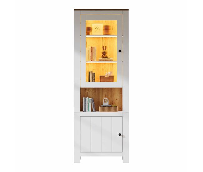 Vitrina alta 70x40x188 cm - con 2 puertas, 6 estantes ajustables, vitrina de vidrio con led, estilo moderno - blanco y color madera natural