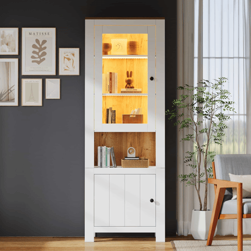 Vitrine alta 70 x 40 x 188 cm - com 2 portas, 6 prateleiras ajustáveis, vitrine de vidro com iluminação LED, estilo moderno - branco e cor de madeira natural Vitrine alta 70 x 40 x 188 cm - com 2 portas, 6 prateleiras ajustáveis, vitrine de vidro com iluminação LED, estilo moderno - branco e cor de madeira natural