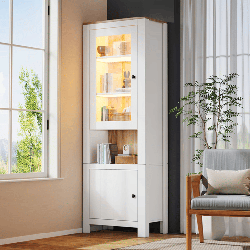 Vitrine alta 70 x 40 x 188 cm - com 2 portas, 6 prateleiras ajustáveis, vitrine de vidro com iluminação LED, estilo moderno - branco e cor de madeira natural Vitrine alta 70 x 40 x 188 cm - com 2 portas, 6 prateleiras ajustáveis, vitrine de vidro com iluminação LED, estilo moderno - branco e cor de madeira natural