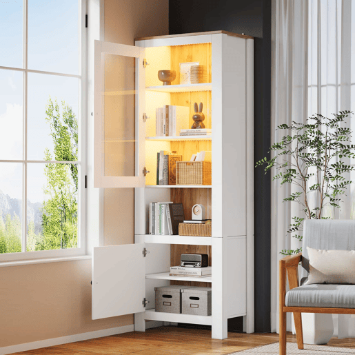 Vitrine alta 70 x 40 x 188 cm - com 2 portas, 6 prateleiras ajustáveis, vitrine de vidro com iluminação LED, estilo moderno - branco e cor de madeira natural Vitrine alta 70 x 40 x 188 cm - com 2 portas, 6 prateleiras ajustáveis, vitrine de vidro com iluminação LED, estilo moderno - branco e cor de madeira natural