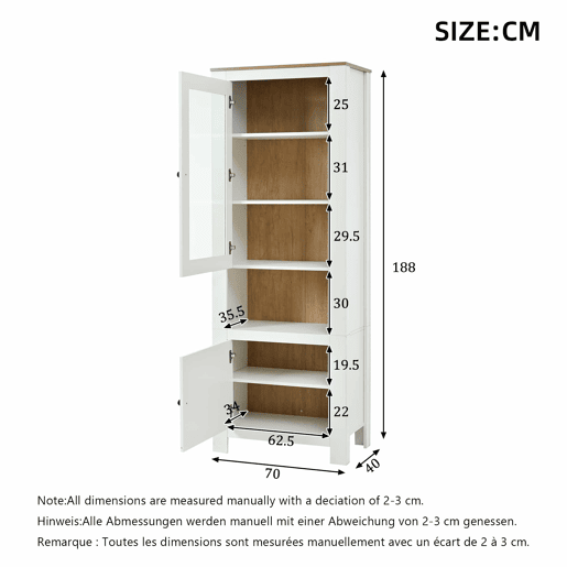 Vitrine alta 70 x 40 x 188 cm - com 2 portas, 6 prateleiras ajustáveis, vitrine de vidro com iluminação LED, estilo moderno - branco e cor de madeira natural Vitrine alta 70 x 40 x 188 cm - com 2 portas, 6 prateleiras ajustáveis, vitrine de vidro com iluminação LED, estilo moderno - branco e cor de madeira natural