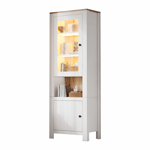 Vitrine alta 70 x 40 x 188 cm - com 2 portas, 6 prateleiras ajustáveis, vitrine de vidro com iluminação LED, estilo moderno - branco e cor de madeira natural Vitrine alta 70 x 40 x 188 cm - com 2 portas, 6 prateleiras ajustáveis, vitrine de vidro com iluminação LED, estilo moderno - branco e cor de madeira natural