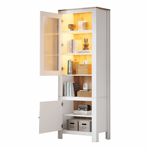 Vitrine alta 70 x 40 x 188 cm - com 2 portas, 6 prateleiras ajustáveis, vitrine de vidro com iluminação LED, estilo moderno - branco e cor de madeira natural Vitrine alta 70 x 40 x 188 cm - com 2 portas, 6 prateleiras ajustáveis, vitrine de vidro com iluminação LED, estilo moderno - branco e cor de madeira natural