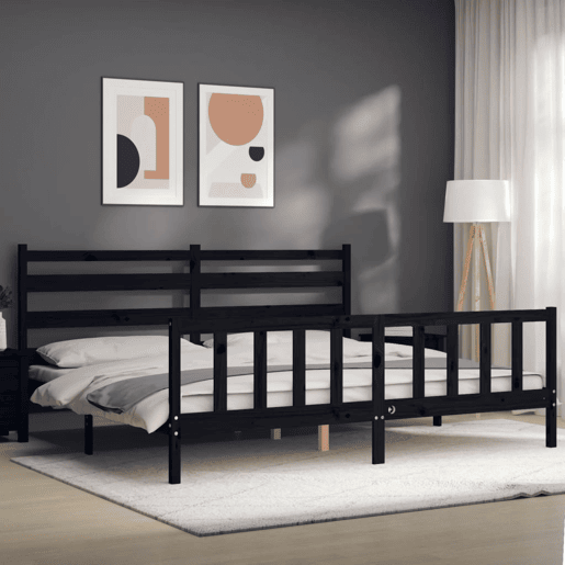 Estrutura de Cama de casal moderno com cabeceira 200x200 cm madeira maciça preto Estrutura de Cama de casal moderno com cabeceira 200x200 cm madeira maciça preto
