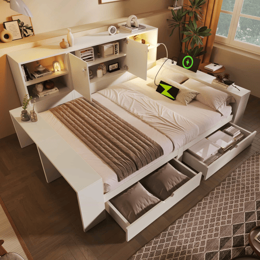 Cama com arrumação 140x200 cm - cama tipo divã com gavetas, porta dupla, portas USBUSB-C, design multifuncional que poupa espaço, cama juvenil e de casal - branca Cama com arrumação 140x200 cm - cama tipo divã com gavetas, porta dupla, portas USBUSB-C, design multifuncional que poupa espaço, cama juvenil e de casal - branca