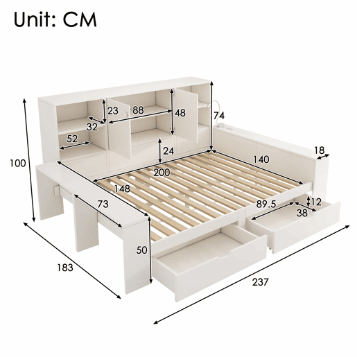 Cama com arrumação 140x200 cm - cama tipo divã com gavetas, porta dupla, portas USBUSB-C, design multifuncional que poupa espaço, cama juvenil e de casal - branca Cama com arrumação 140x200 cm - cama tipo divã com gavetas, porta dupla, portas USBUSB-C, design multifuncional que poupa espaço, cama juvenil e de casal - branca