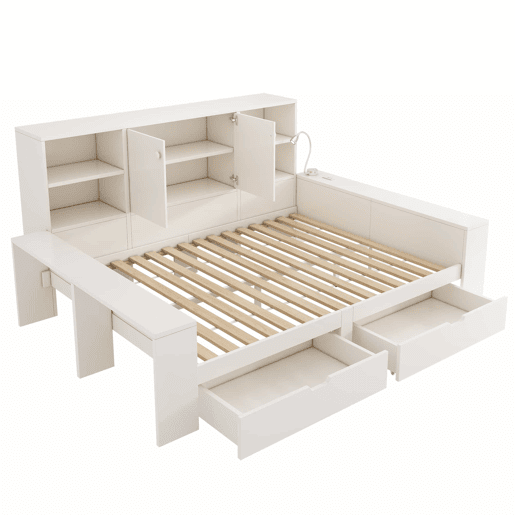 Cama com arrumação 140x200 cm - cama tipo divã com gavetas, porta dupla, portas USBUSB-C, design multifuncional que poupa espaço, cama juvenil e de casal - branca Cama com arrumação 140x200 cm - cama tipo divã com gavetas, porta dupla, portas USBUSB-C, design multifuncional que poupa espaço, cama juvenil e de casal - branca
