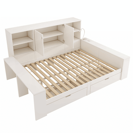 Cama com arrumação 140x200 cm - cama tipo divã com gavetas, porta dupla, portas USBUSB-C, design multifuncional que poupa espaço, cama juvenil e de casal - branca Cama com arrumação 140x200 cm - cama tipo divã com gavetas, porta dupla, portas USBUSB-C, design multifuncional que poupa espaço, cama juvenil e de casal - branca