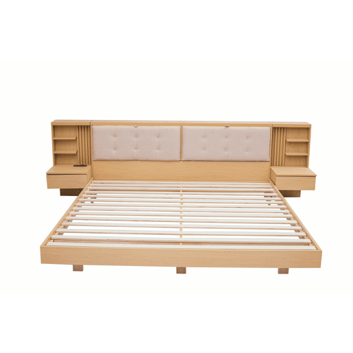 Cama flutuante 180x200 cm - com cabeceira com espaço de arrumação, porta USB, gavetas, prateleiras e estrutura estofada - natural