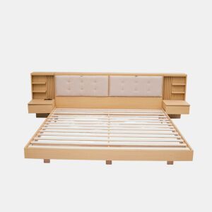 Cama flutuante 180x200 cm - com cabeceira com espaço de arrumação, porta USB, gavetas, prateleiras e estrutura estofada - natural