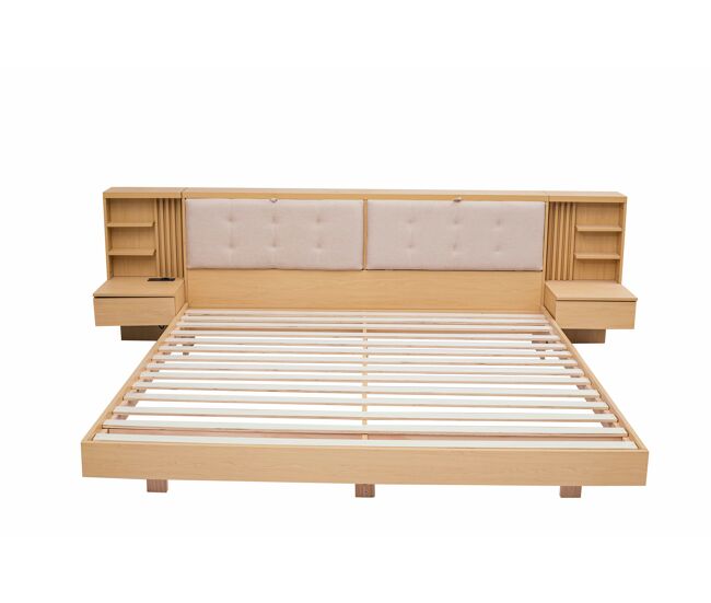 Cama flotante 180x200 cm - con cabecero de almacenamiento, puerto usb, cajones, estantes y estructura tapizada - natural