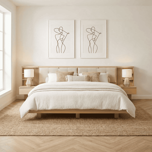 Cama flutuante 180x200 cm - com cabeceira com espaço de arrumação, porta USB, gavetas, prateleiras e estrutura estofada - natural