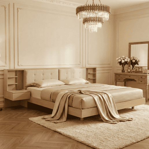 Cama flutuante 180x200 cm - com cabeceira com espaço de arrumação, porta USB, gavetas, prateleiras e estrutura estofada - natural