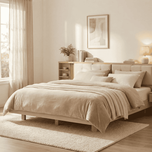 Cama flutuante 180x200 cm - com cabeceira com espaço de arrumação, porta USB, gavetas, prateleiras e estrutura estofada - natural