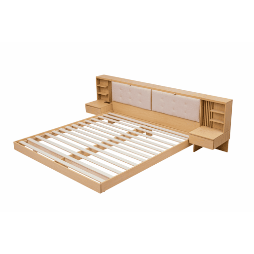Cama flutuante 180x200 cm - com cabeceira com espaço de arrumação, porta USB, gavetas, prateleiras e estrutura estofada - natural