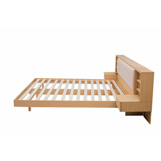 Cama flutuante 180x200 cm - com cabeceira com espaço de arrumação, porta USB, gavetas, prateleiras e estrutura estofada - natural