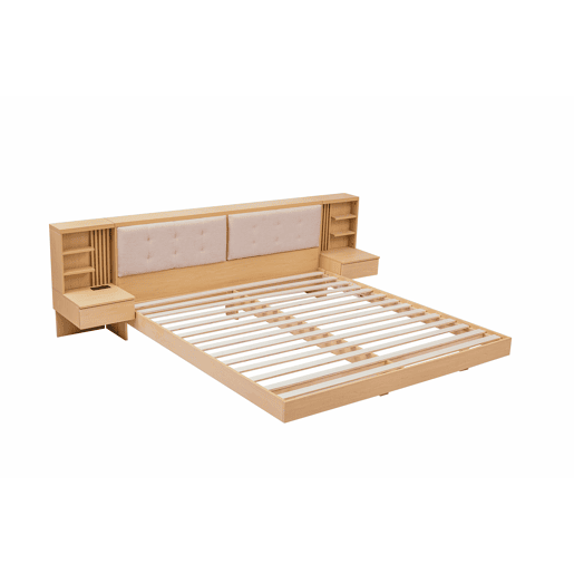 Cama flutuante 180x200 cm - com cabeceira com espaço de arrumação, porta USB, gavetas, prateleiras e estrutura estofada - natural