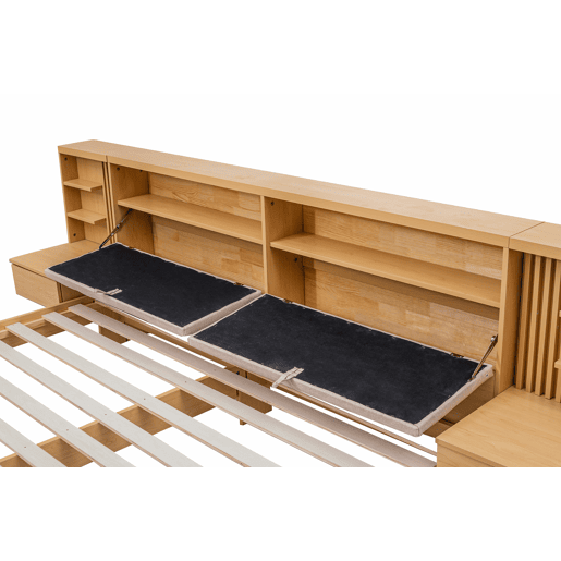 Cama flutuante 180x200 cm - com cabeceira com espaço de arrumação, porta USB, gavetas, prateleiras e estrutura estofada - natural