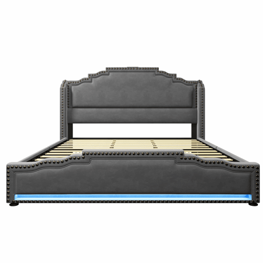 Cama estofada 180x200 - com 4 gavetas, iluminação LED, porta de carregamento USB-C, base de lâminas, espaço de arrumação - cinzenta