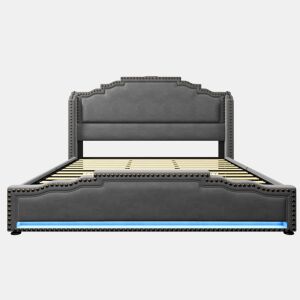 Cama estofada 180x200 - com 4 gavetas, iluminação LED, porta de carregamento USB-C, base de lâminas, espaço de arrumação - cinzenta