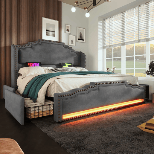 Cama estofada 180x200 - com 4 gavetas, iluminação LED, porta de carregamento USB-C, base de lâminas, espaço de arrumação - cinzenta