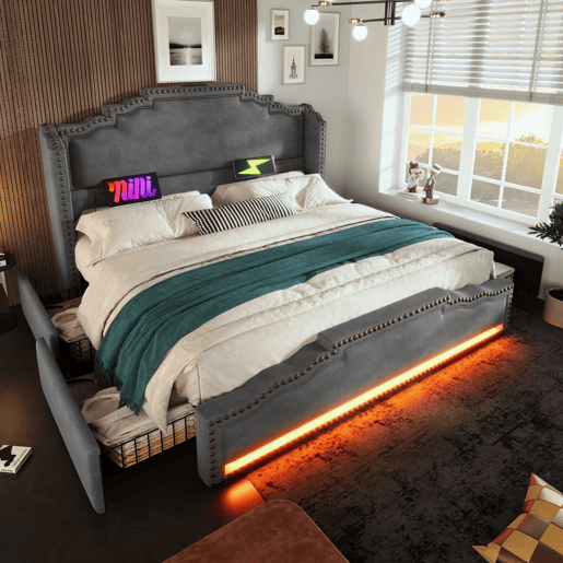 Cama estofada 180x200 - com 4 gavetas, iluminação LED, porta de carregamento USB-C, base de lâminas, espaço de arrumação - cinzenta