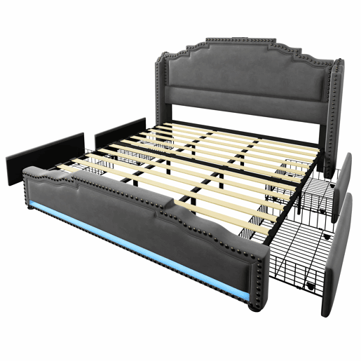 Cama estofada 180x200 - com 4 gavetas, iluminação LED, porta de carregamento USB-C, base de lâminas, espaço de arrumação - cinzenta