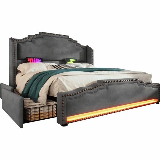 Cama estofada 180x200 - com 4 gavetas, iluminação LED, porta de carregamento USB-C, base de lâminas, espaço de arrumação - cinzenta