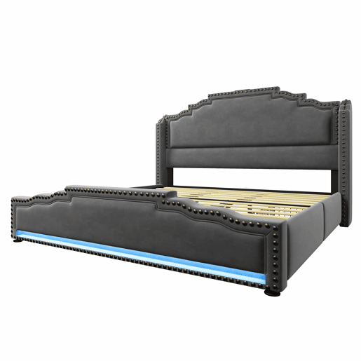 Cama estofada 180x200 - com 4 gavetas, iluminação LED, porta de carregamento USB-C, base de lâminas, espaço de arrumação - cinzenta