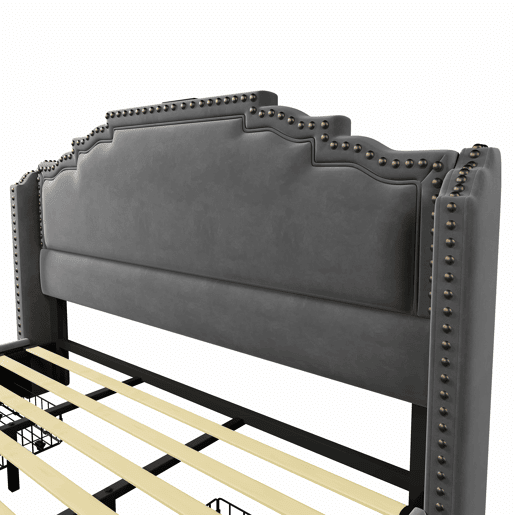 Cama estofada 180x200 - com 4 gavetas, iluminação LED, porta de carregamento USB-C, base de lâminas, espaço de arrumação - cinzenta