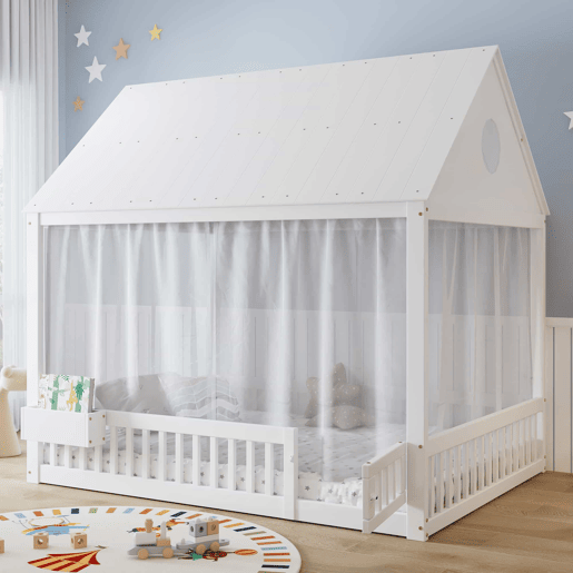Cama individual infantil 140x200 - Detalhes na janela e no teto, cortinas brancas decorativas, pequeno espaço de arrumação - Branco Cama individual infantil 140x200 - Detalhes na janela e no teto, cortinas brancas decorativas, pequeno espaço de arrumação - Branco