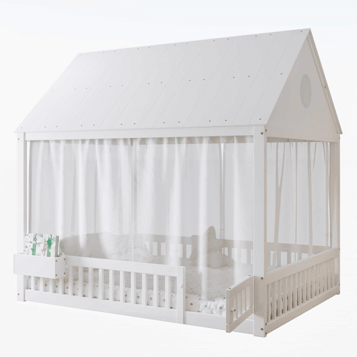 Cama individual infantil 140x200 - Detalhes na janela e no teto, cortinas brancas decorativas, pequeno espaço de arrumação - Branco Cama individual infantil 140x200 - Detalhes na janela e no teto, cortinas brancas decorativas, pequeno espaço de arrumação - Branco