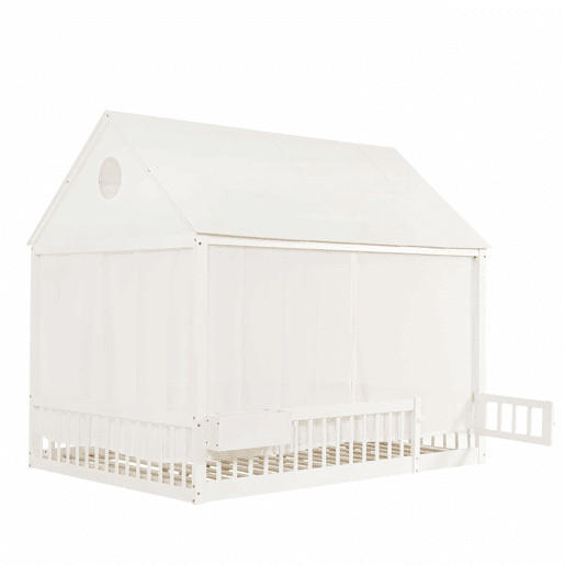 Cama individual infantil 140x200 - Detalhes na janela e no teto, cortinas brancas decorativas, pequeno espaço de arrumação - Branco Cama individual infantil 140x200 - Detalhes na janela e no teto, cortinas brancas decorativas, pequeno espaço de arrumação - Branco