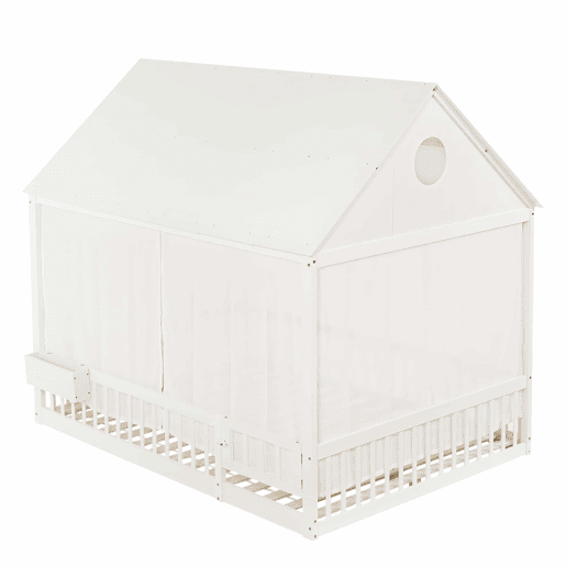 Cama individual infantil 140x200 - Detalhes na janela e no teto, cortinas brancas decorativas, pequeno espaço de arrumação - Branco Cama individual infantil 140x200 - Detalhes na janela e no teto, cortinas brancas decorativas, pequeno espaço de arrumação - Branco