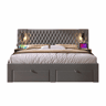 Cama estofada 180x200 cm - Com 2 mesas de cabeceira e 4 gavetas, cabeceira com luz de leitura e porta USB - Cinza