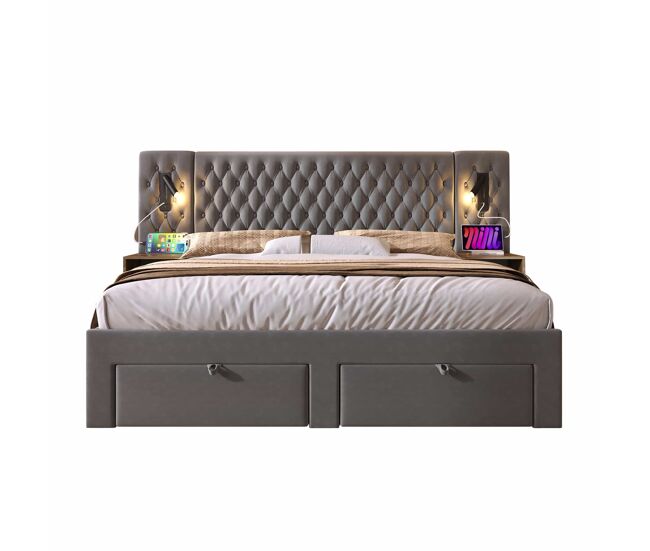 Cama tapizada 180x200 cm - con 2 mesitas de noche y 4 cajones, cabecero con luz de lectura y función de carga usb - gris