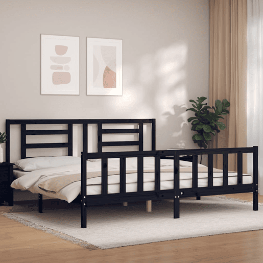 Estrutura de Cama de casal moderno com cabeceira 200x200 cm madeira maciça preto Estrutura de Cama de casal moderno com cabeceira 200x200 cm madeira maciça preto